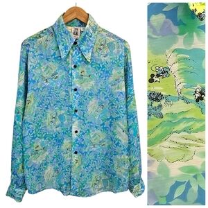 RARE Vintage 70s Disney Kennington Mickey Hawaiian Shirt Rayon Surf Print L